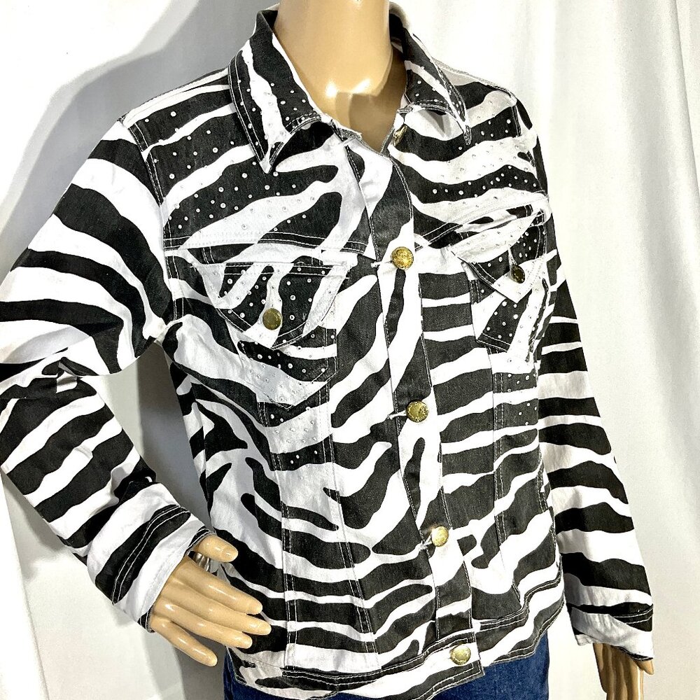 DG2 Zebra Jean Jacket Sz S Diane Gilman Rhinestones Coat Womens